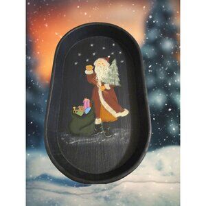 Wooden Tray Hand Painted Santa With Christmas Tree Bag Of Presents Oval